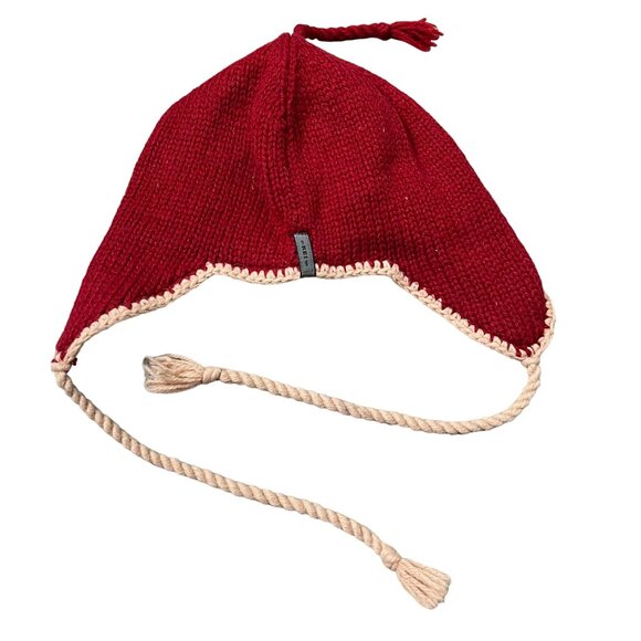 REI Red Brown Floral Crochet Tassel Wool Blend Beanie Hat Womens One Size - Picture 5 of 5